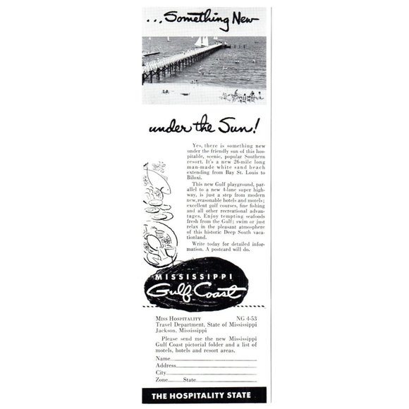 1953 Mississippi Gulf Coast Vacation Travel Vintage Print Ad Biloxi Pier Art - Picture 1 of 2
